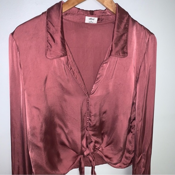 Wilfred Aritzia Tie Front Blouse Size Medium Bronze Silky Collared Long Sleeve - Picture 3 of 10